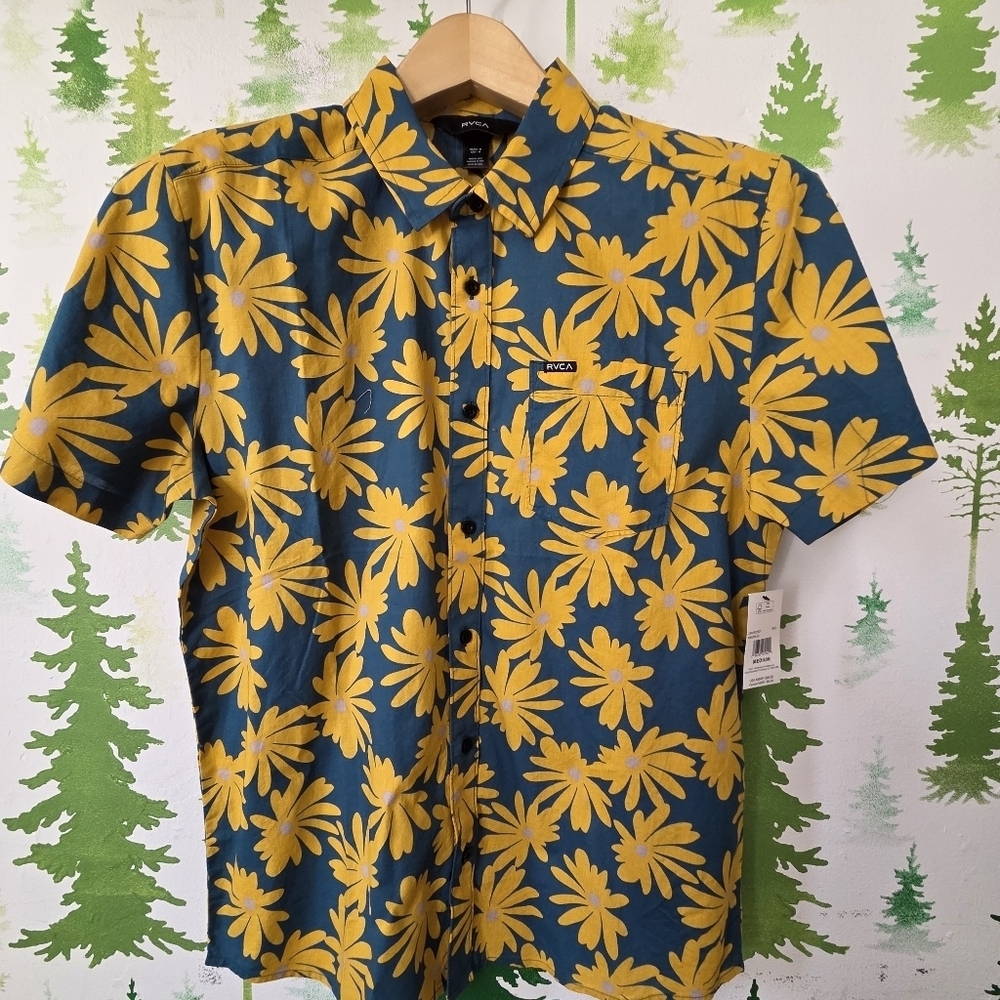 Men's Rvca Blue and Yellow Floral Shirt